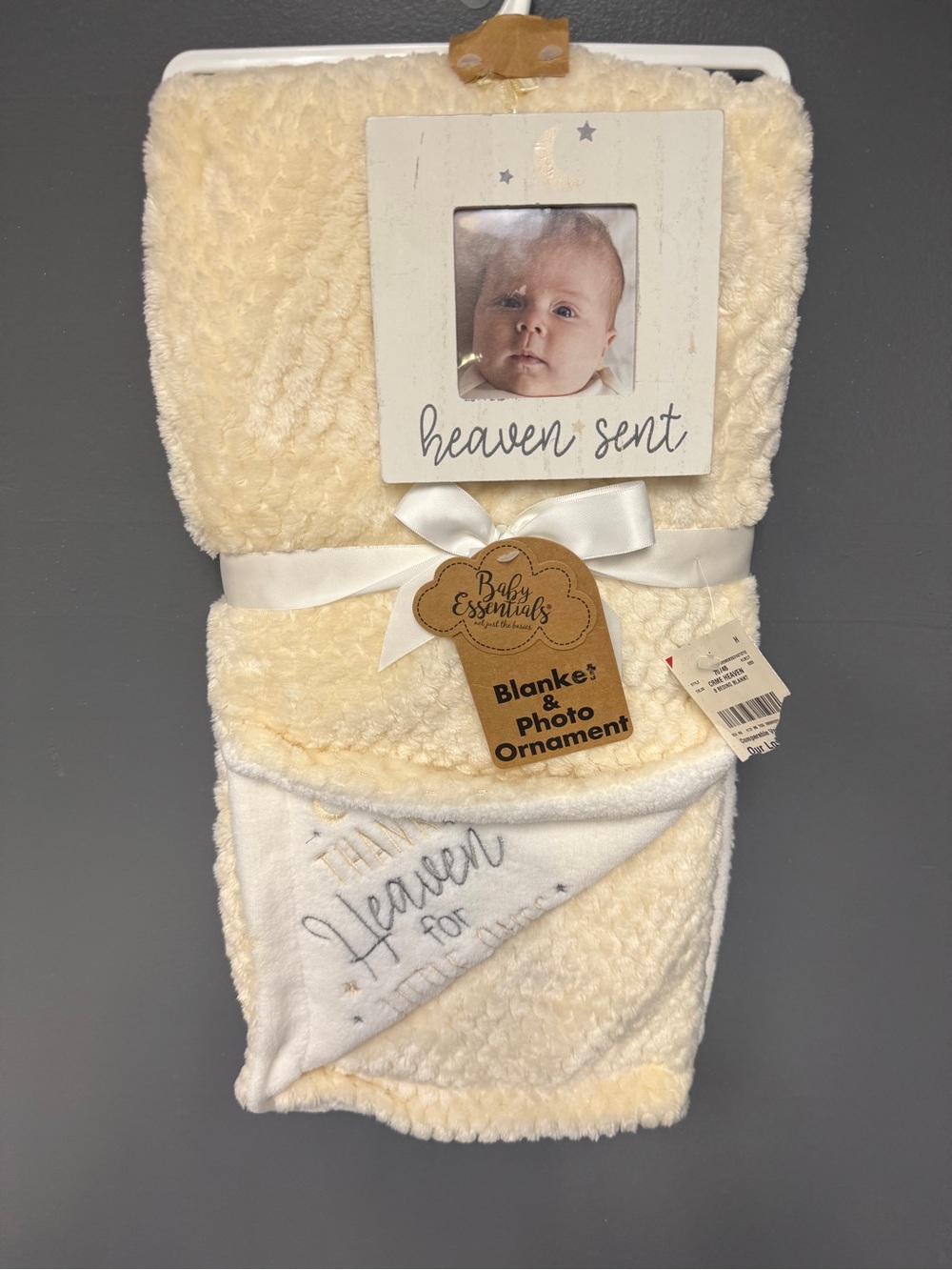 NEW Baby Essentials “Heaven Sent” Plush Baby Blanket + Photo Ornament Gift Set